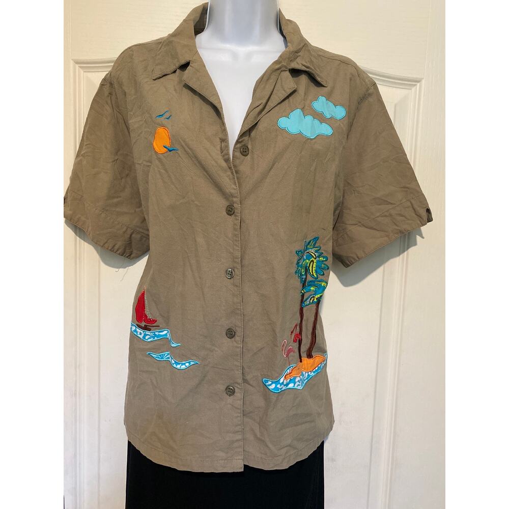 VTG Women's Plus Size 16/18 XL Kidcore Beach Embroidered Olive Button Up Blouse